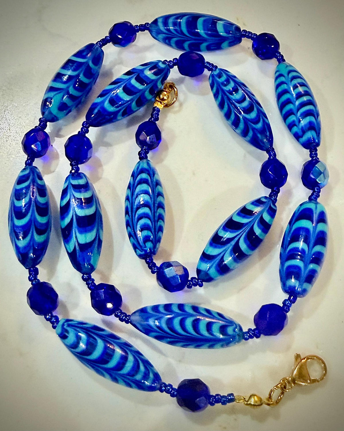 Rosario Leonardi Cobalt Blue Feathered Murano Glass Beaded Necklace
