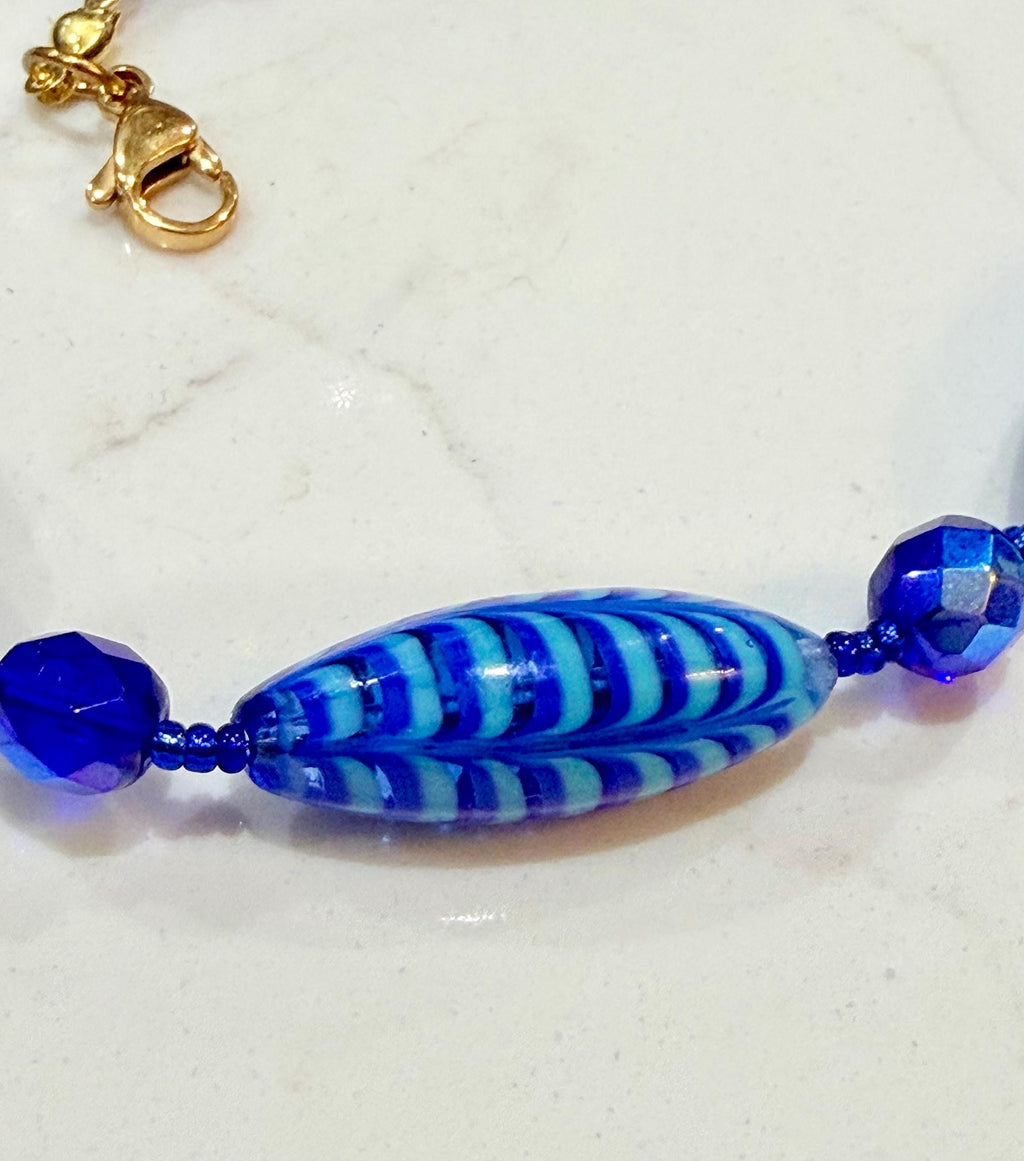 Rosario Leonardi Cobalt Blue Feathered Murano Glass Beaded Necklace