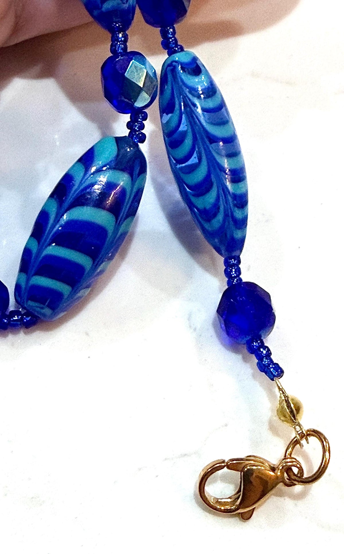 Rosario Leonardi Cobalt Blue Feathered Murano Glass Beaded Necklace