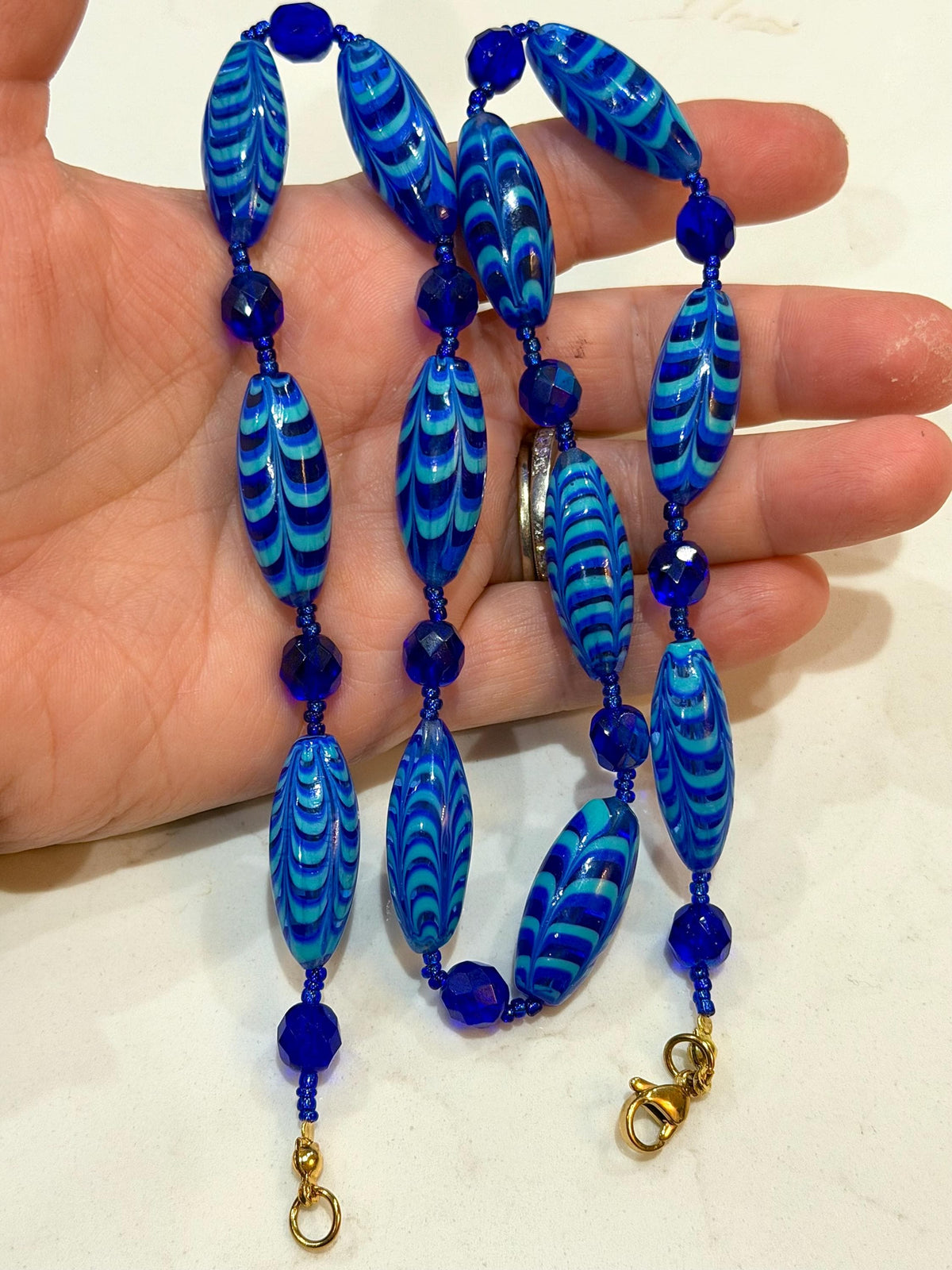 Rosario Leonardi Cobalt Blue Feathered Murano Glass Beaded Necklace