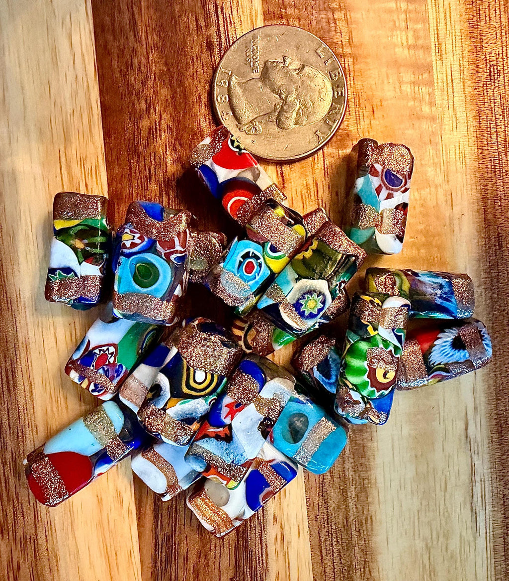 Vintage Chunky Rectangular Murano Millefiori Pillar Beads-Your Choice With Or Without the Aventurine Striped