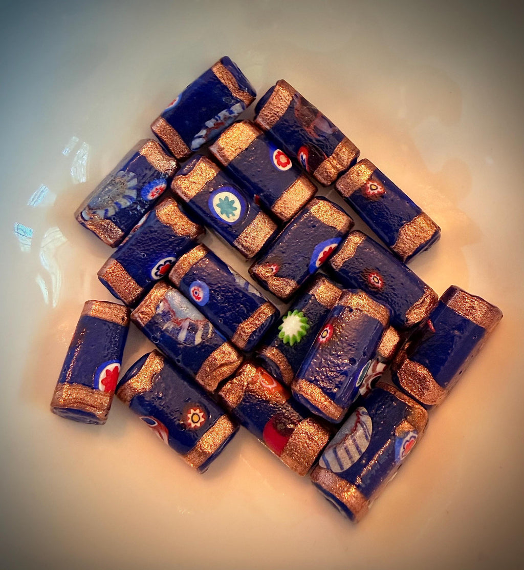 Two Cobalt Blue Aventurine Vintage Chunky Rectangular Murano Millefiori Pillar Beads