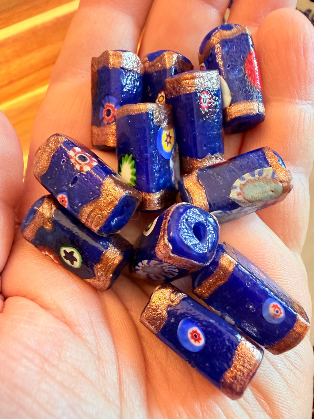 Two Cobalt Blue Aventurine Vintage Chunky Rectangular Murano Millefiori Pillar Beads