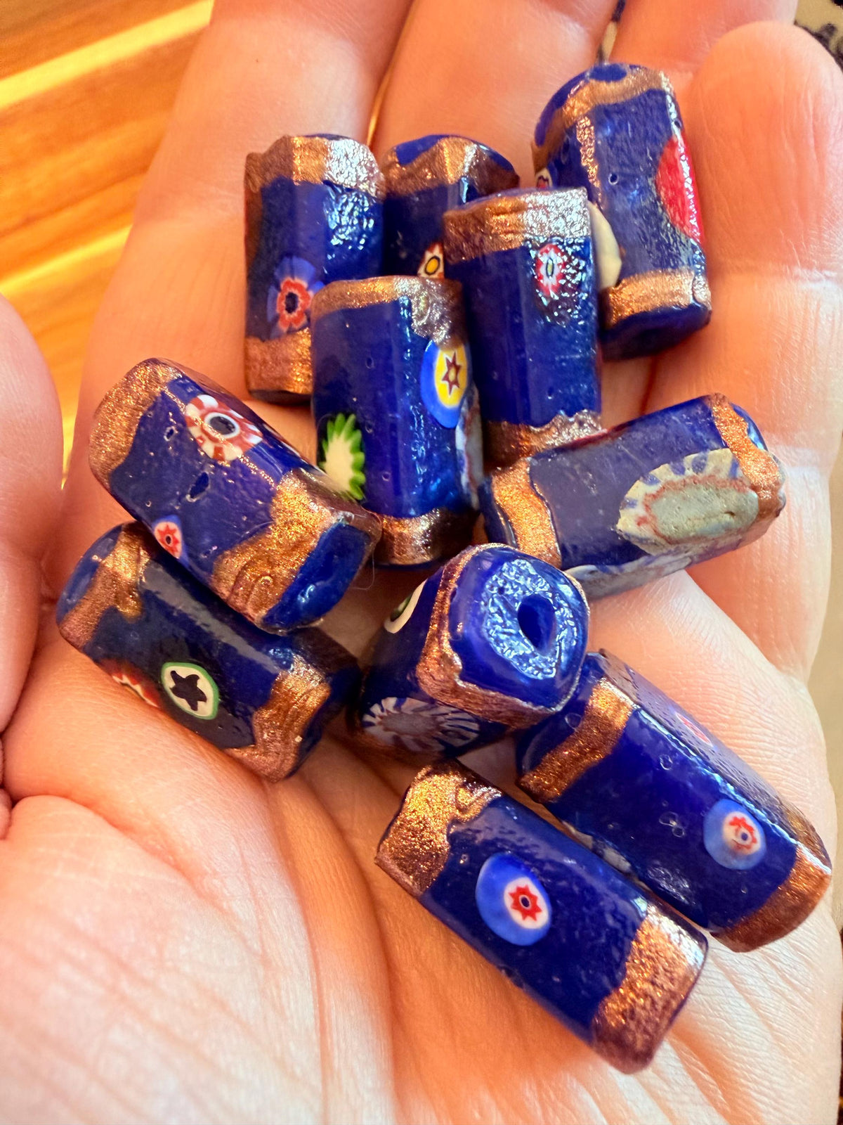 Two Cobalt Blue Aventurine Vintage Chunky Rectangular Murano Millefiori Pillar Beads