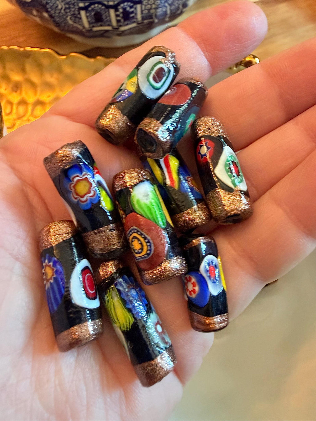 Matched Black Millefiori Pillar Beads Vintage Murano Glass Beading Project Supplies LONG and Lovely