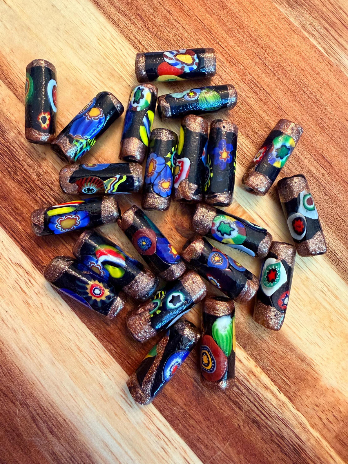 Matched Black Millefiori Pillar Beads Vintage Murano Glass Beading Project Supplies LONG and Lovely