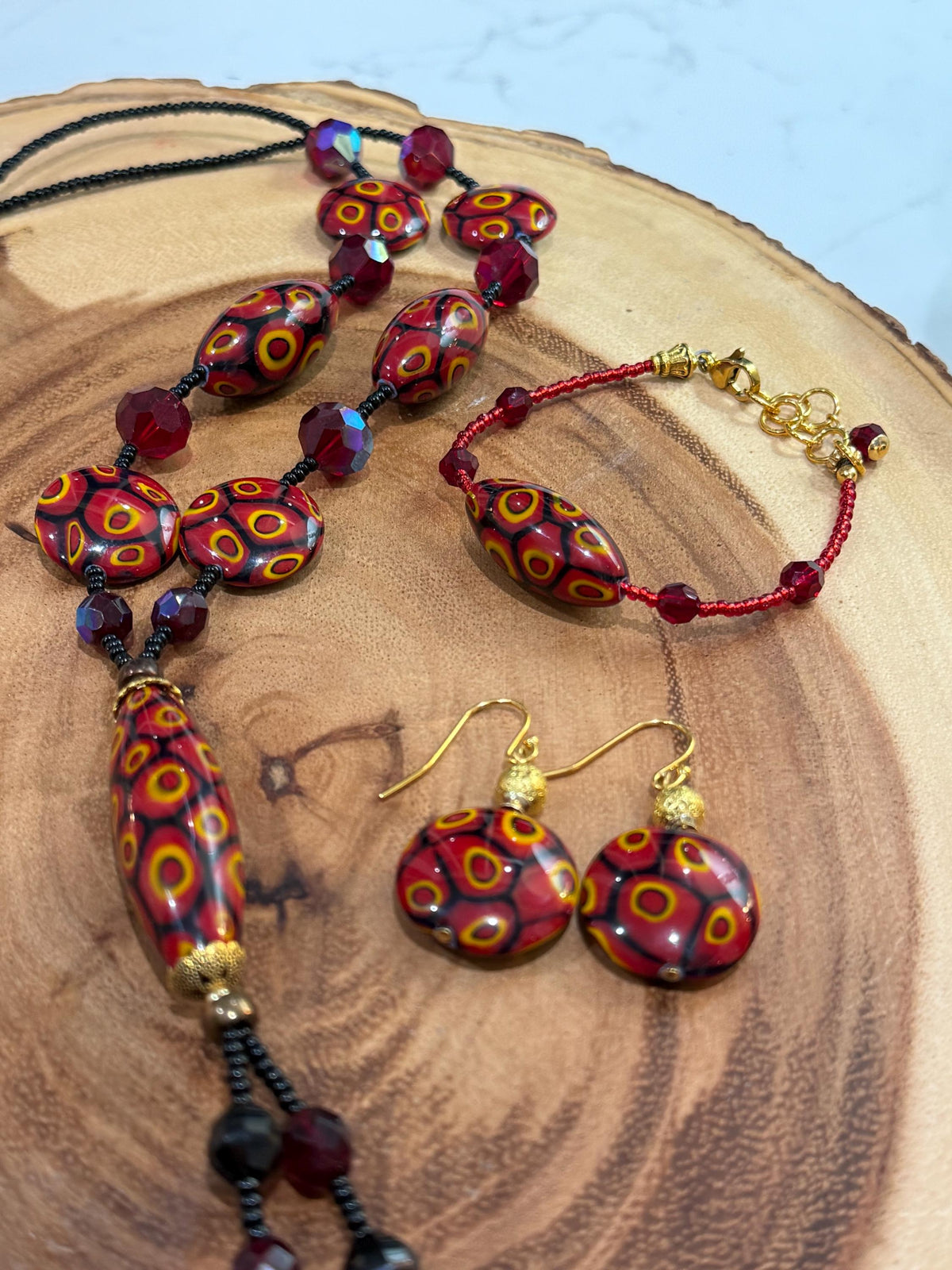 Rosario Leonardi Lariat Necklace, Murano Millefiori Glass Beads, Swarovski Crystals 40"