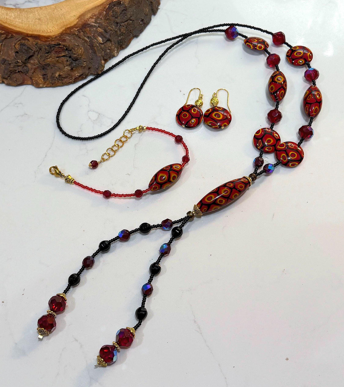 Rosario Leonardi Lariat Necklace, Murano Millefiori Glass Beads, Swarovski Crystals 40"