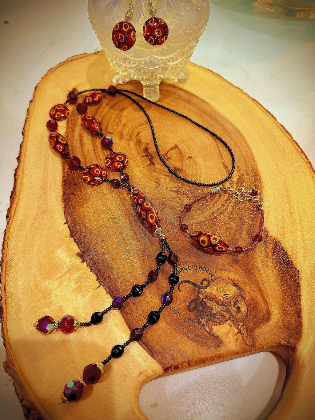 Rosario Leonardi Lariat Necklace, Murano Millefiori Glass Beads, Swarovski Crystals 40"