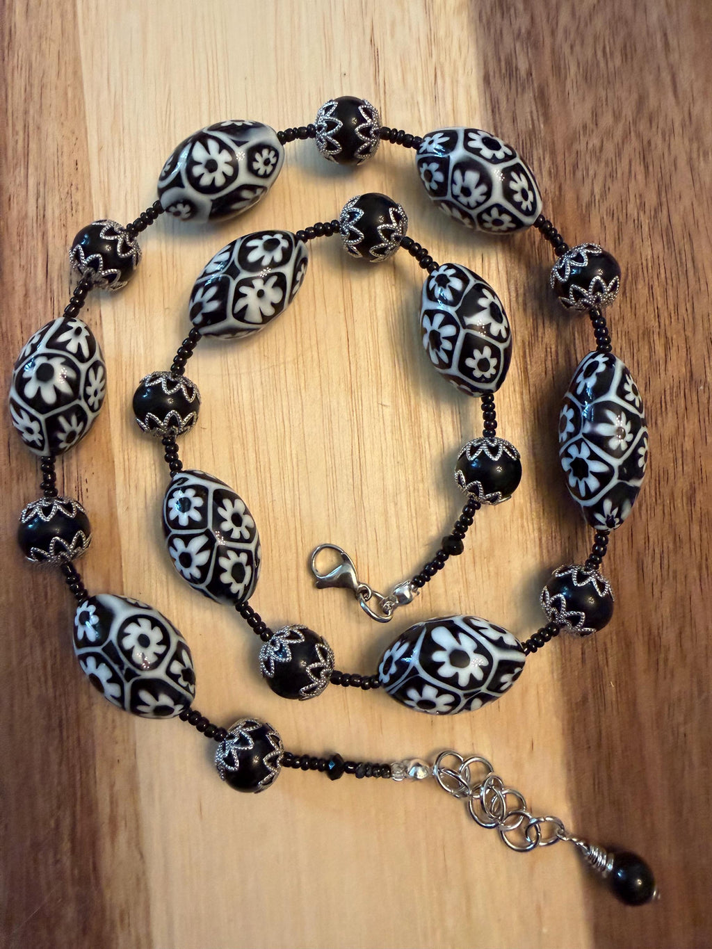 Black White Millefiori Murano Glass Necklace Featuring Ercole Moretti Beads