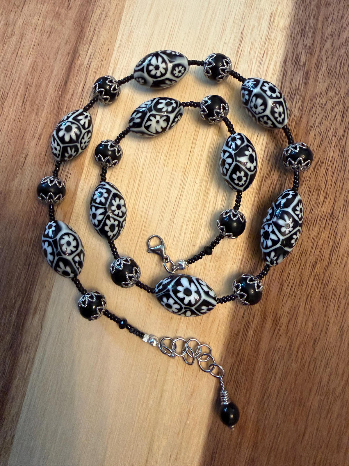 Black White Millefiori Murano Glass Necklace Featuring Ercole Moretti Beads