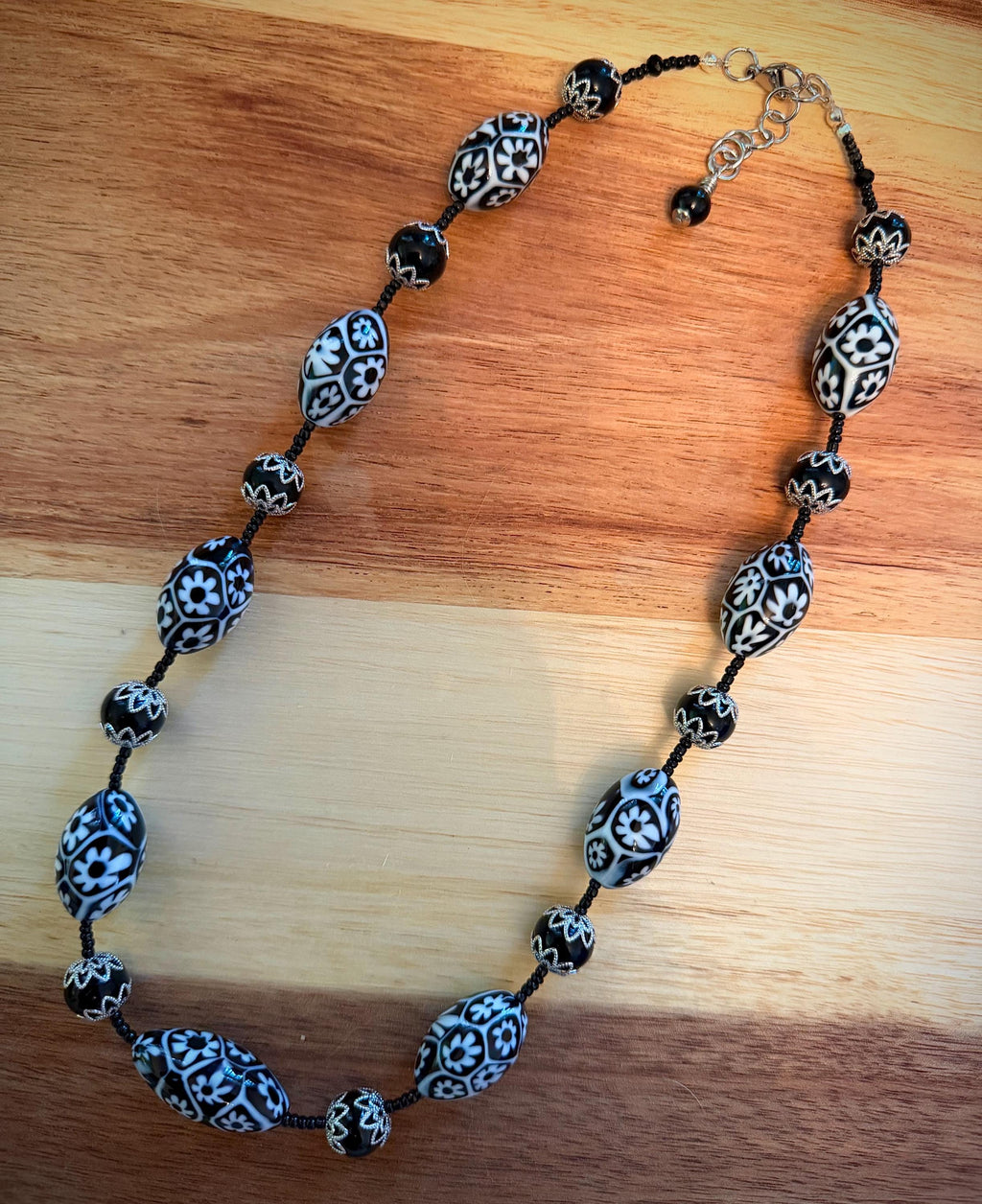 Black White Millefiori Murano Glass Necklace Featuring Ercole Moretti Beads