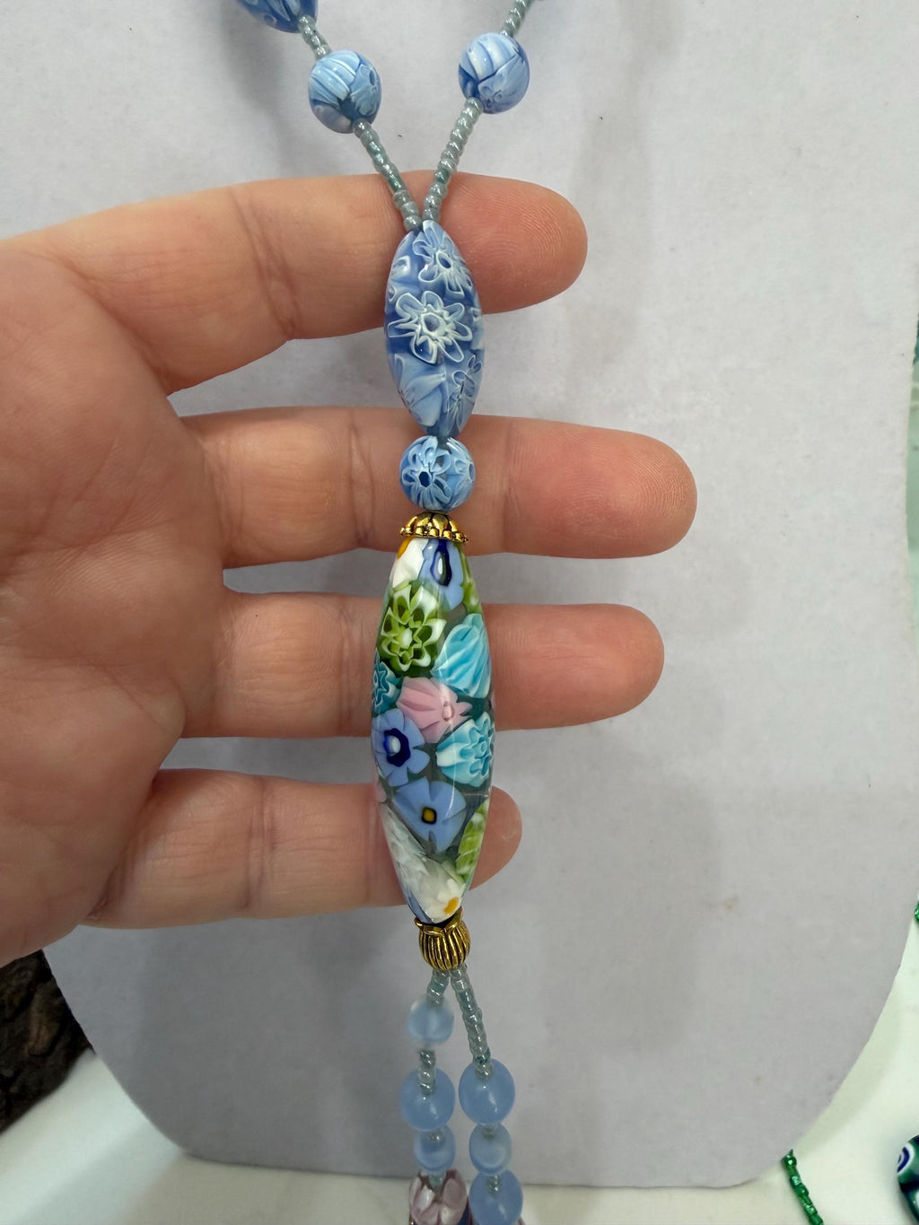 Rosario Leonardi Pastel Blue Lariat Necklace: Ercole Moretti Murano Millefiori Glass Beads