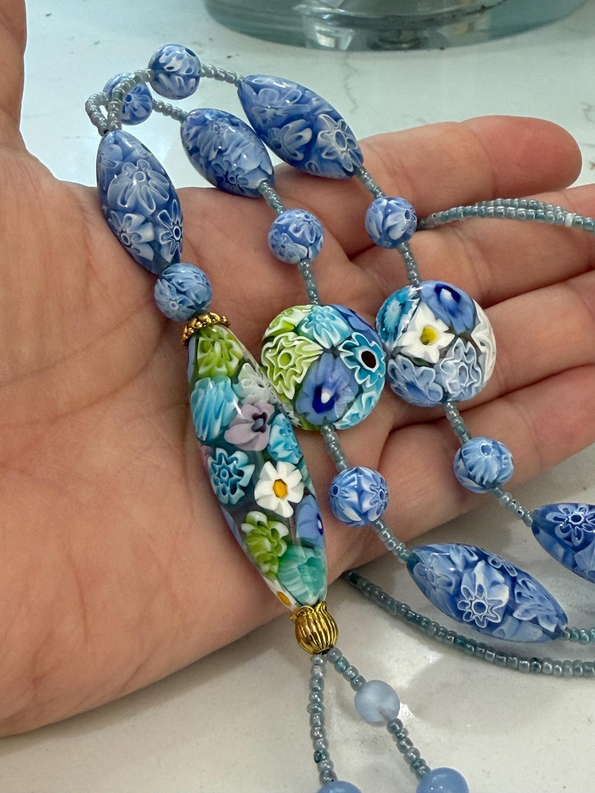 Rosario Leonardi Pastel Blue Lariat Necklace: Ercole Moretti Murano Millefiori Glass Beads