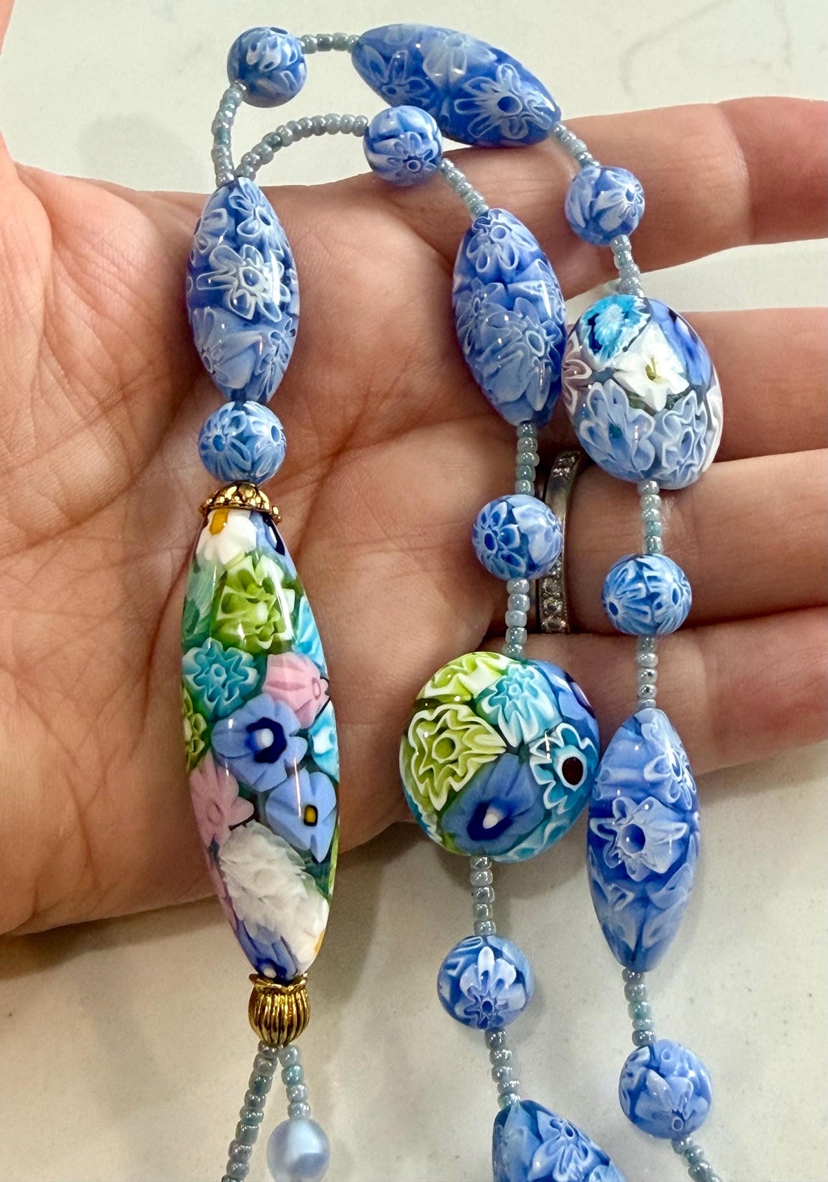 Rosario Leonardi Pastel Blue Lariat Necklace: Ercole Moretti Murano Millefiori Glass Beads