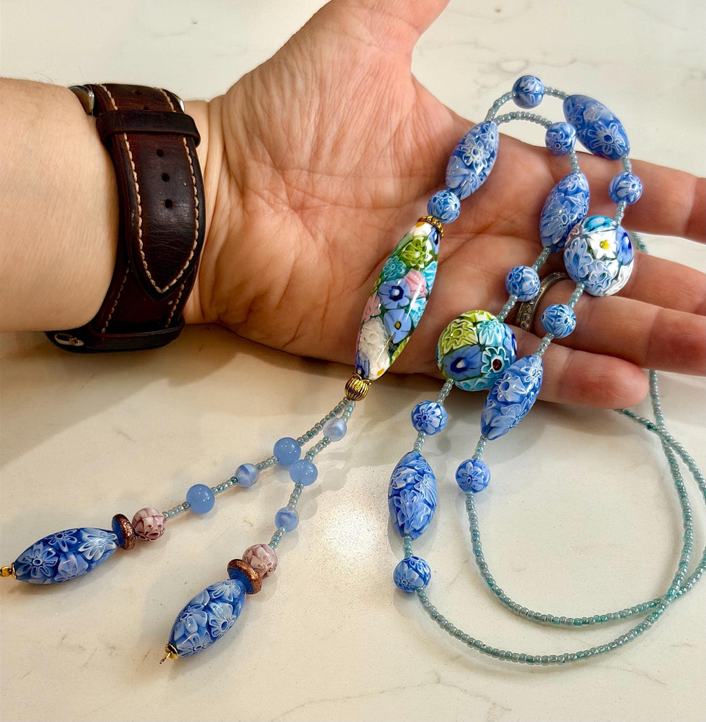 Rosario Leonardi Pastel Blue Lariat Necklace: Ercole Moretti Murano Millefiori Glass Beads