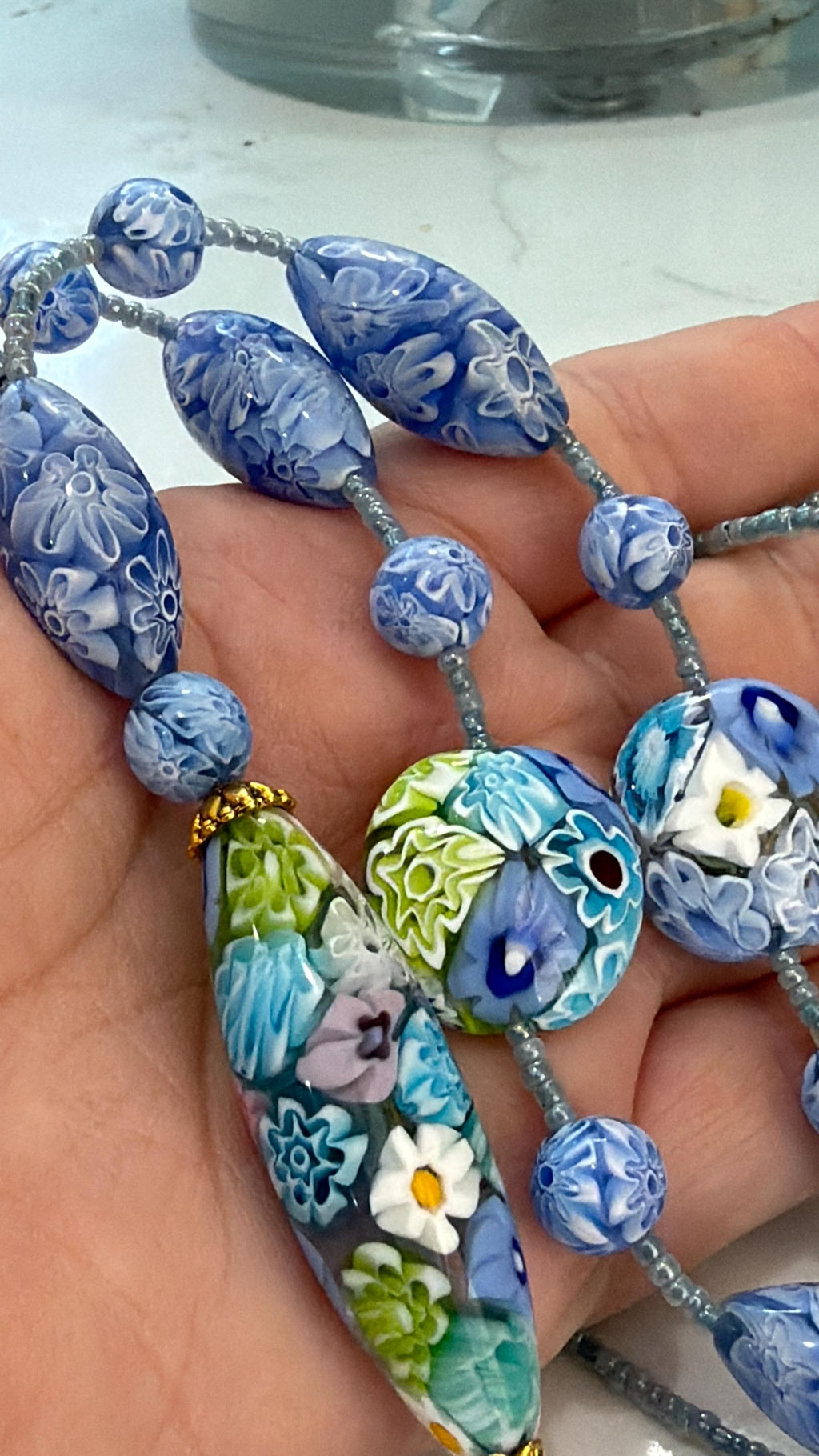 Rosario Leonardi Pastel Blue Lariat Necklace: Ercole Moretti Murano Millefiori Glass Beads