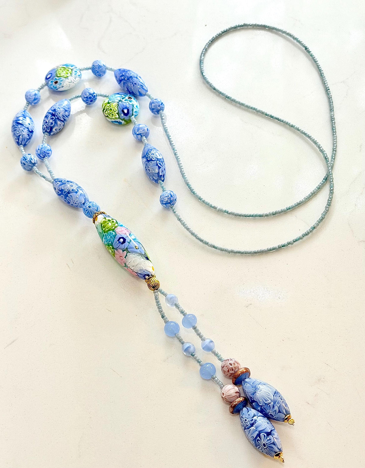 Rosario Leonardi Pastel Blue Lariat Necklace: Ercole Moretti Murano Millefiori Glass Beads