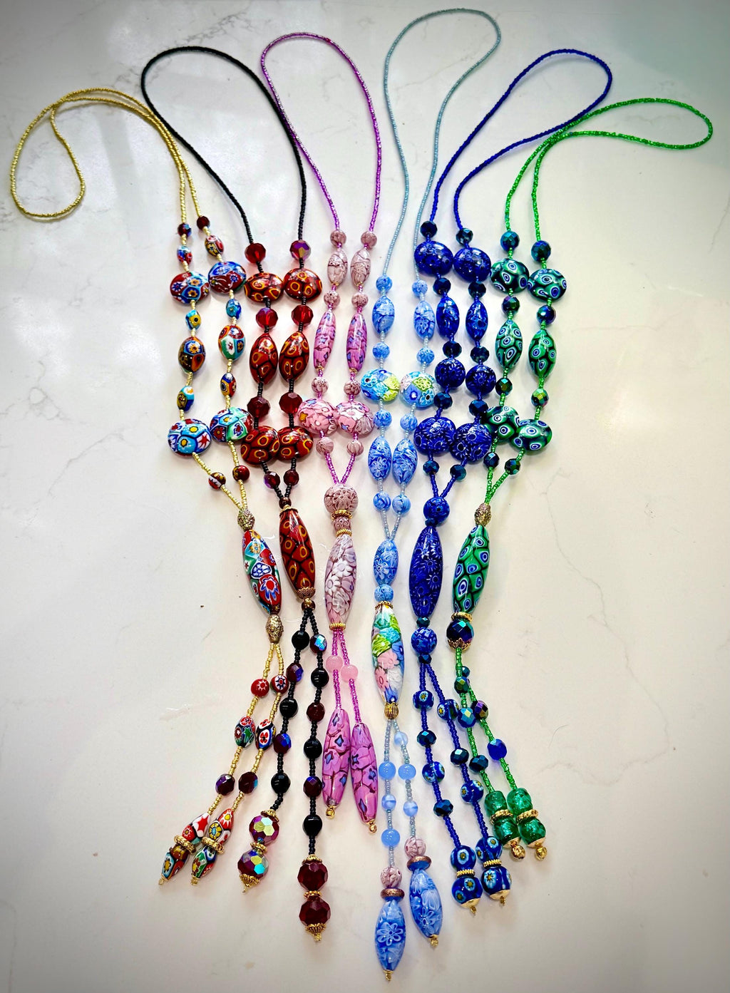 Rosario Leonardi Pastel Blue Lariat Necklace: Ercole Moretti Murano Millefiori Glass Beads