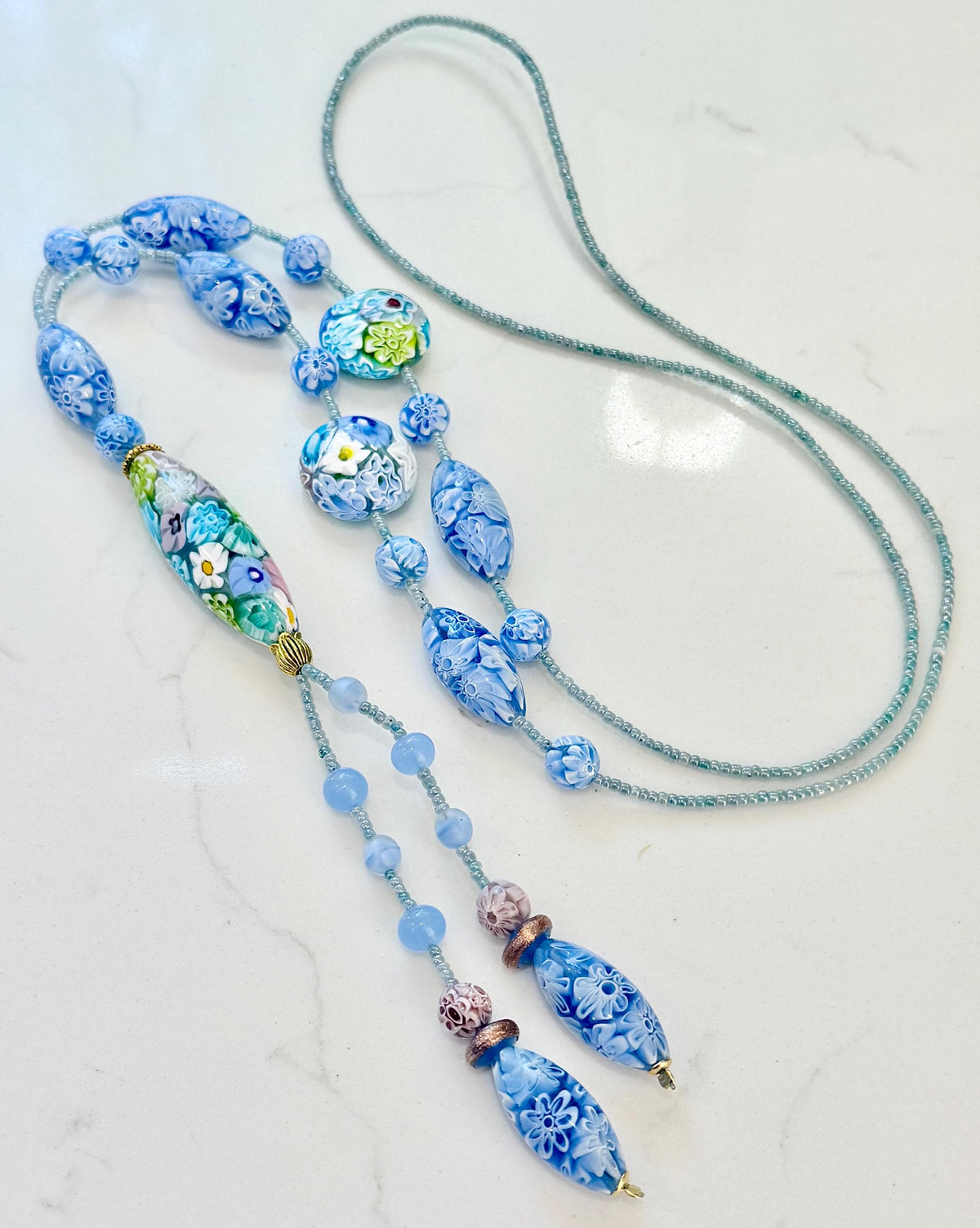 Rosario Leonardi Pastel Blue Lariat Necklace: Ercole Moretti Murano Millefiori Glass Beads