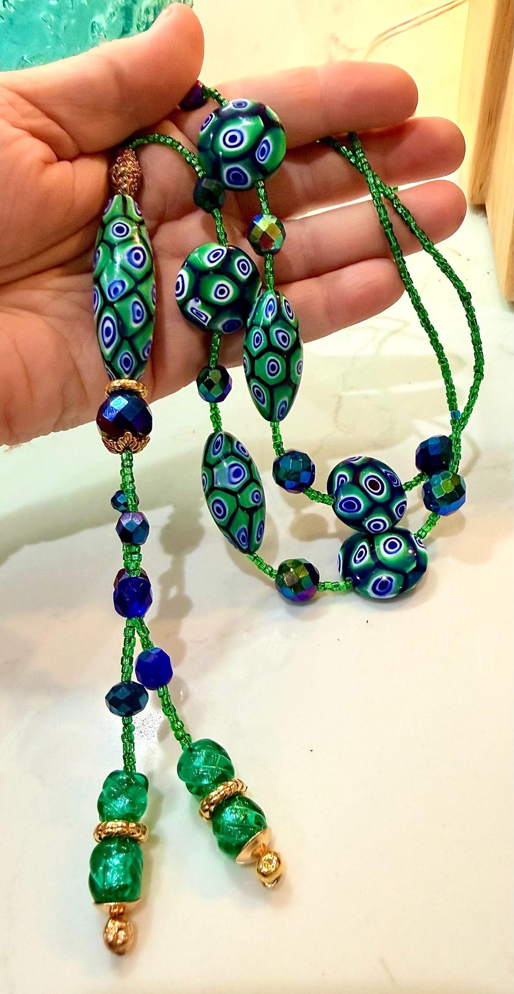 Rosario Leonardi Green and Blue Lariat Necklace: Ercole Moretti Murano Millefiori Glass Beads
