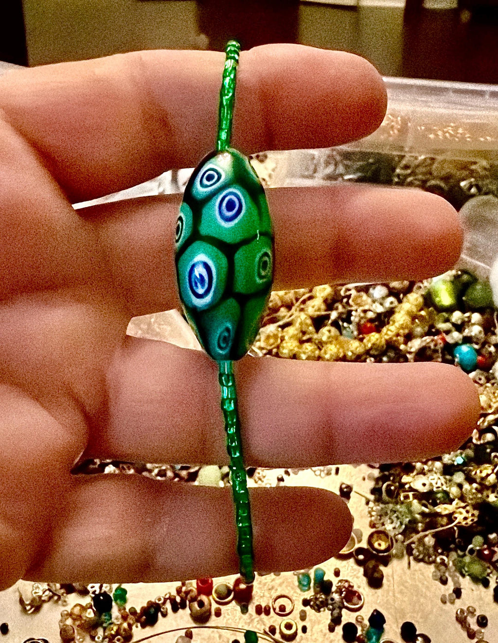 Rosario Leonardi Green and Blue Lariat Necklace: Ercole Moretti Murano Millefiori Glass Beads