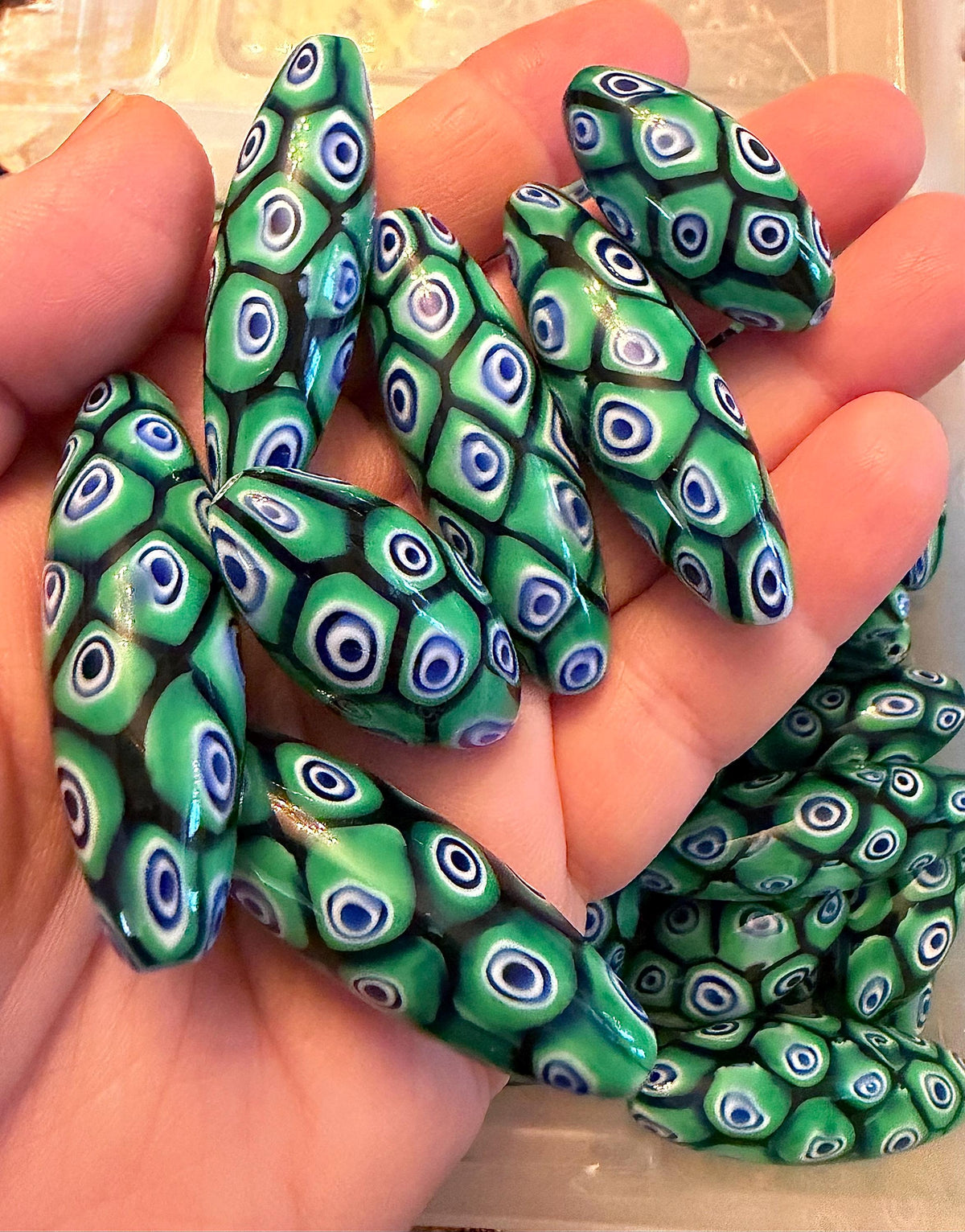 Rosario Leonardi Green and Blue Lariat Necklace: Ercole Moretti Murano Millefiori Glass Beads