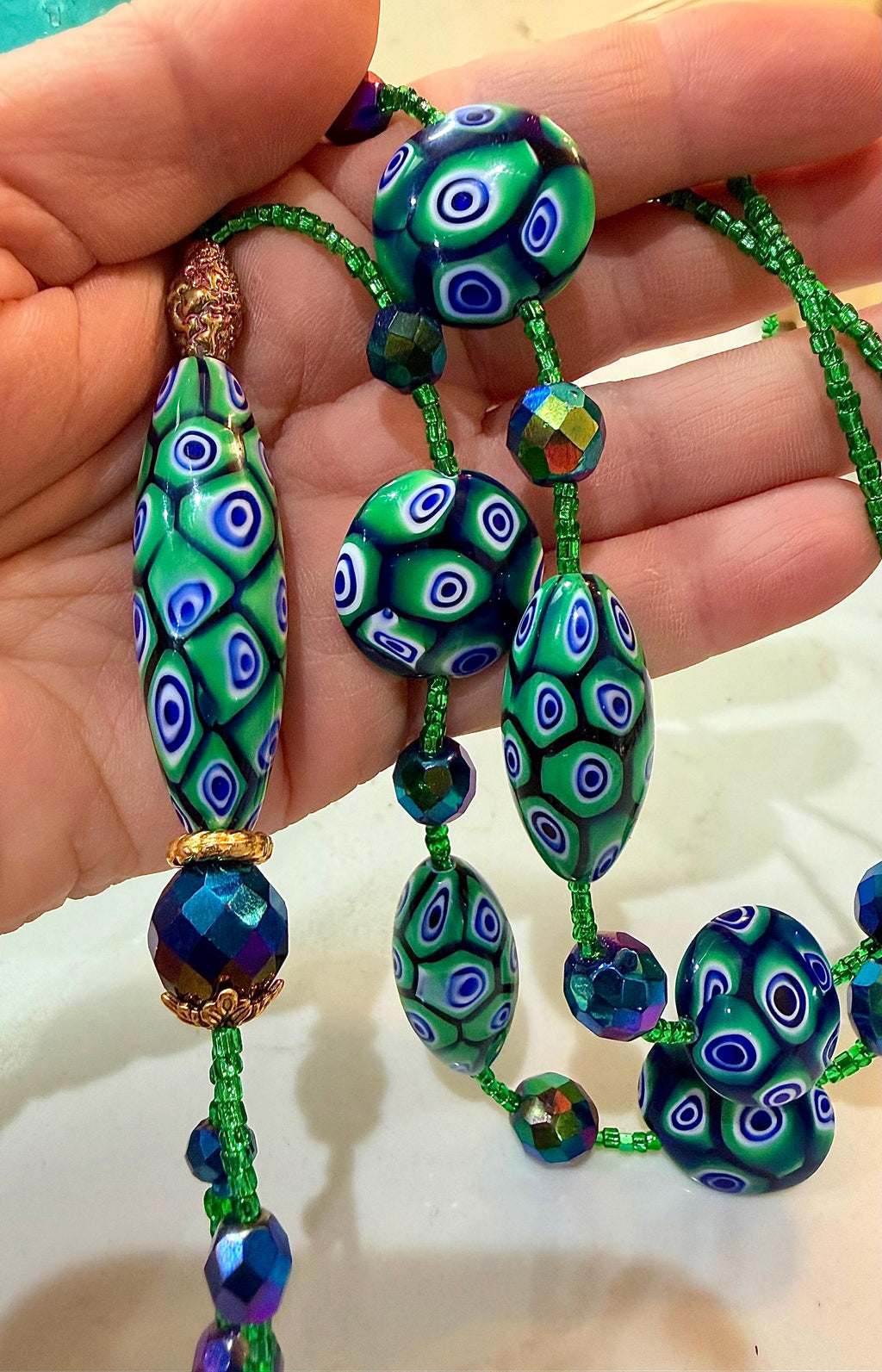 Rosario Leonardi Green and Blue Lariat Necklace: Ercole Moretti Murano Millefiori Glass Beads