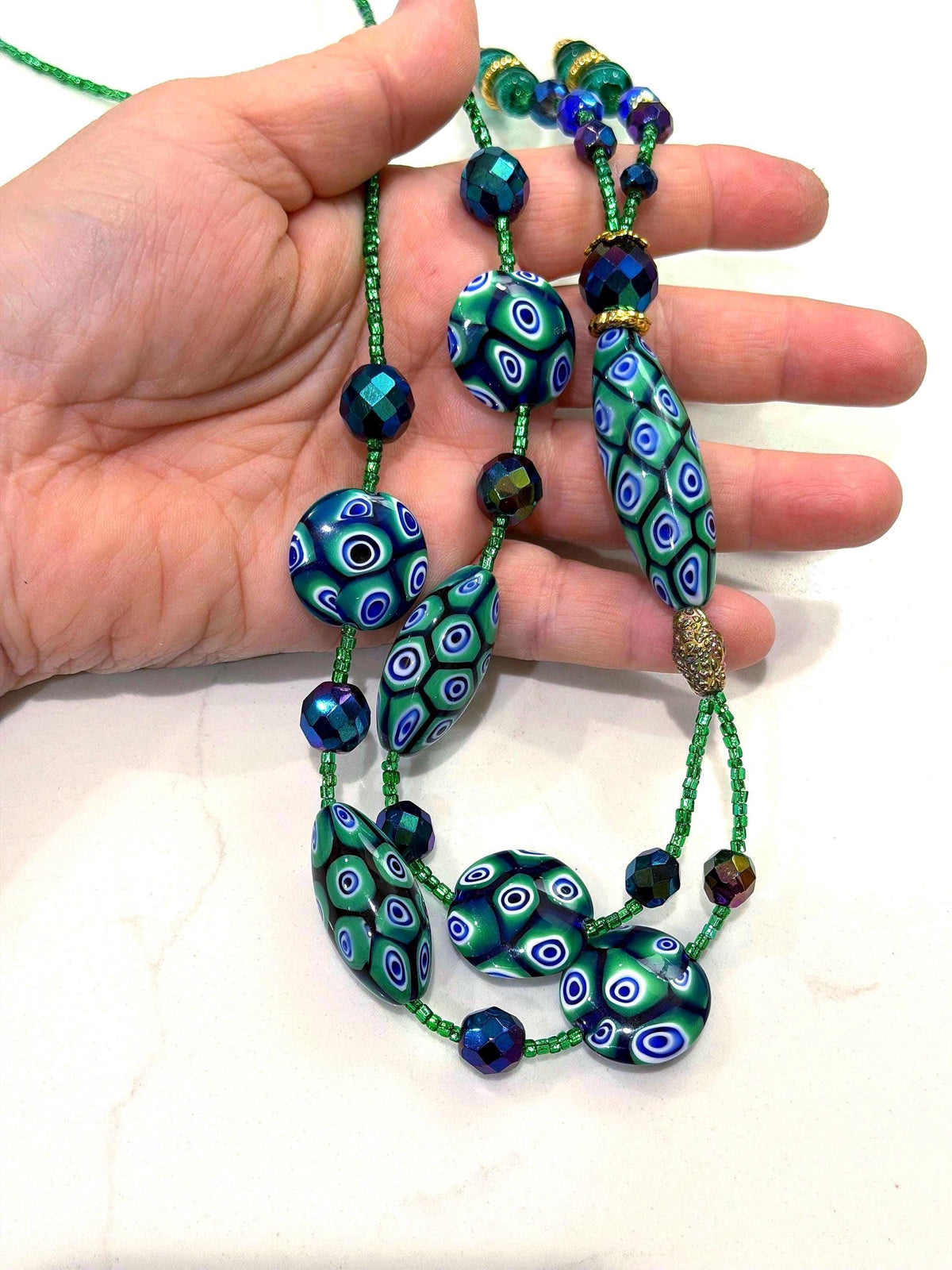 Rosario Leonardi Green and Blue Lariat Necklace: Ercole Moretti Murano Millefiori Glass Beads