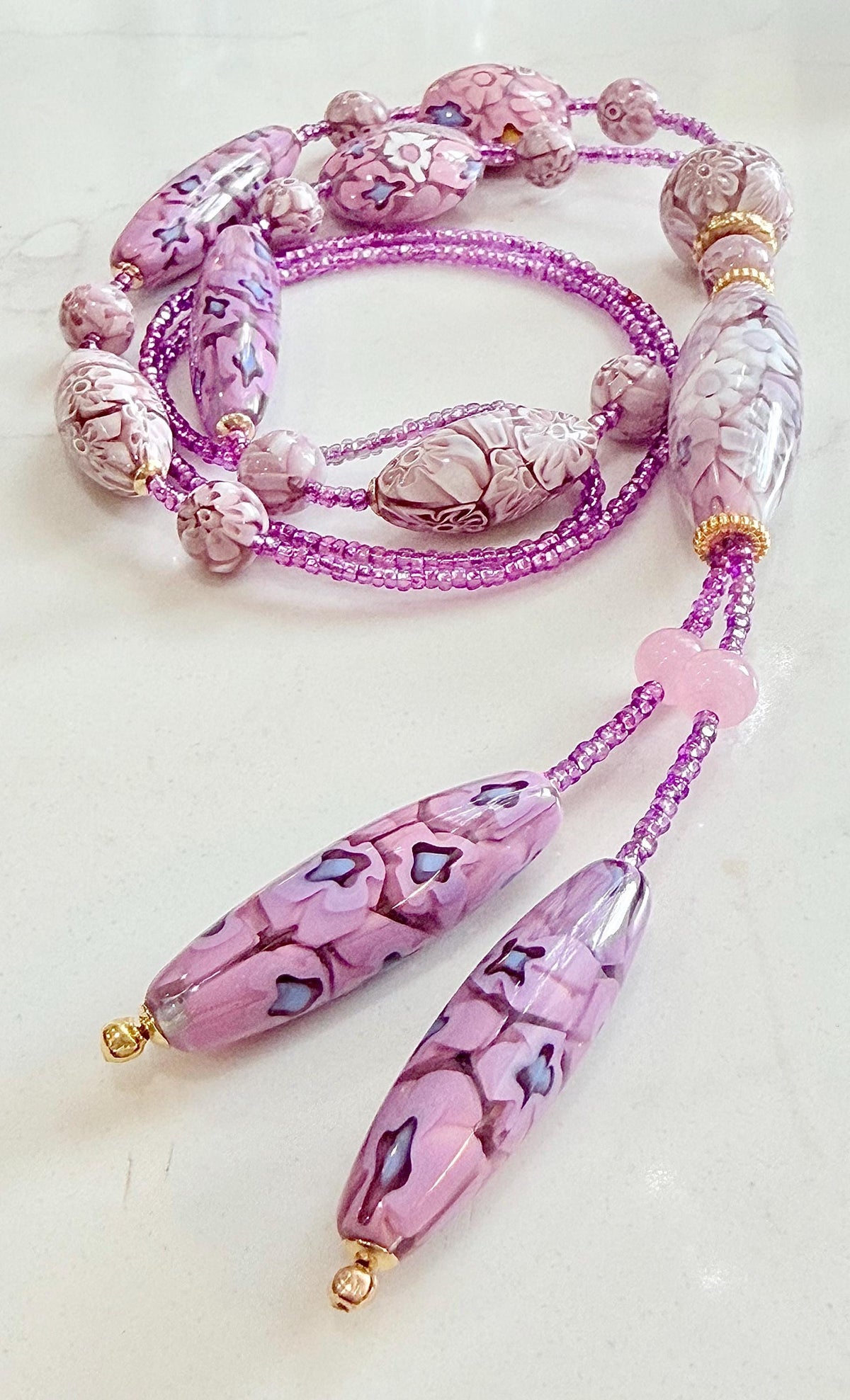 Rosario Leonardi Pastel Pink 40”Necklace: FEATURING Ercole Moretti Murano Millefiori Glass Beads
