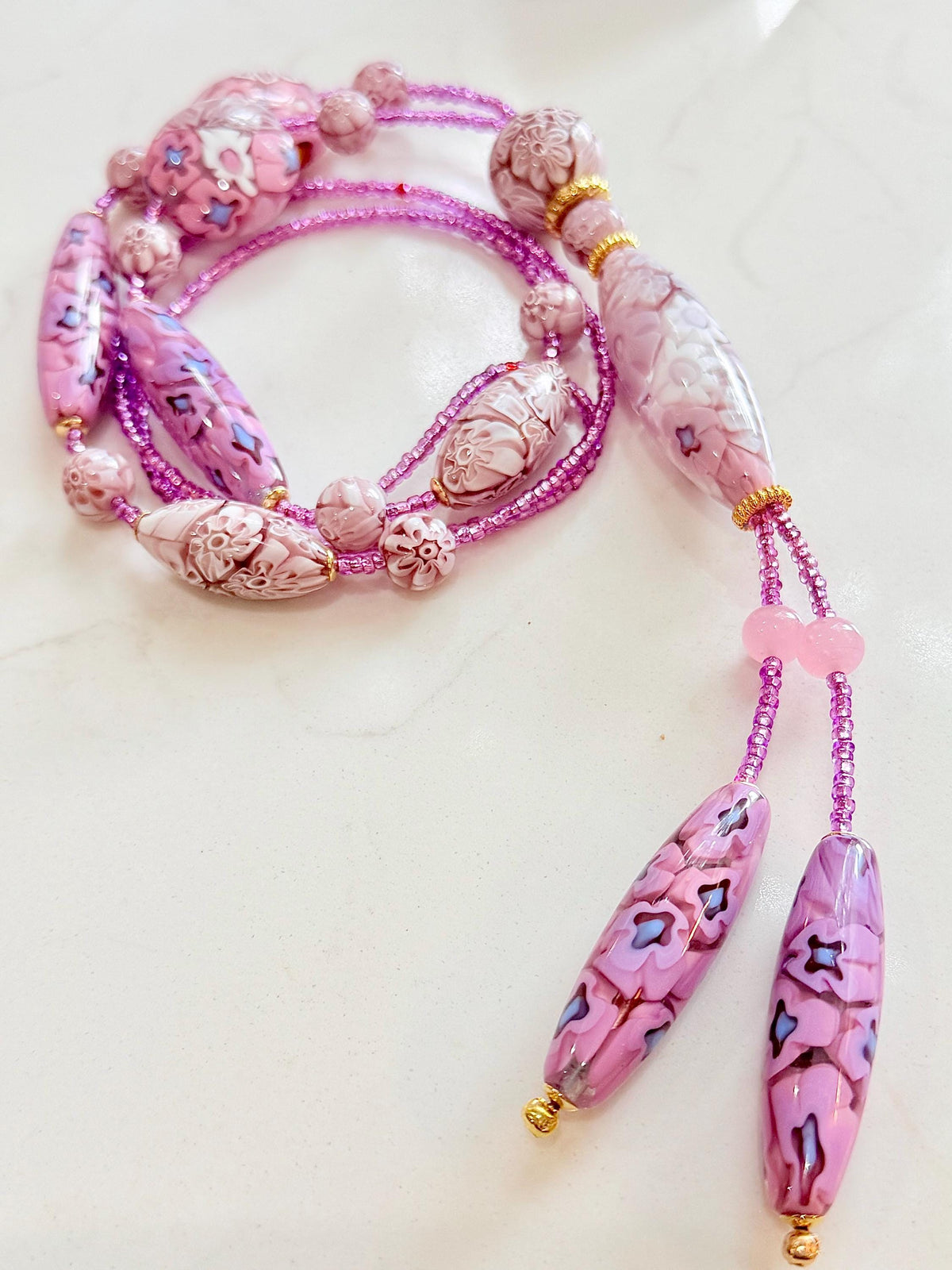 Rosario Leonardi Pastel Pink 40”Necklace: FEATURING Ercole Moretti Murano Millefiori Glass Beads