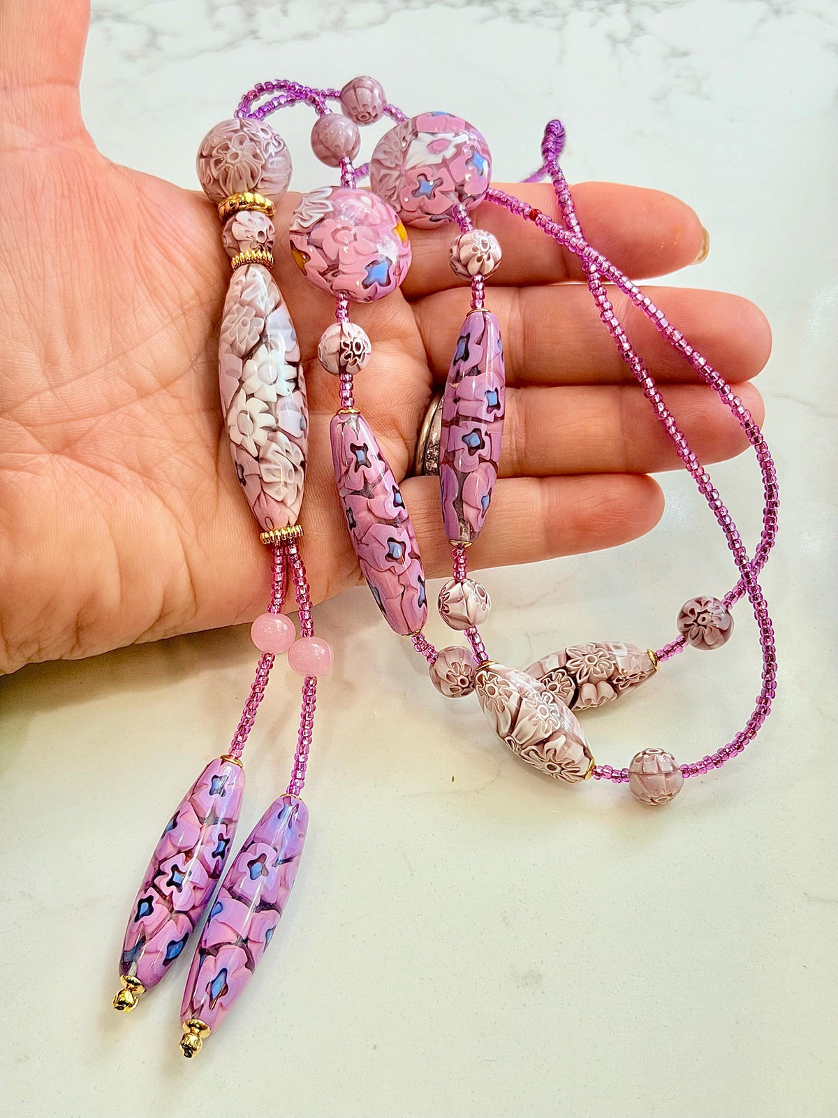 Rosario Leonardi Pastel Pink 40”Necklace: FEATURING Ercole Moretti Murano Millefiori Glass Beads