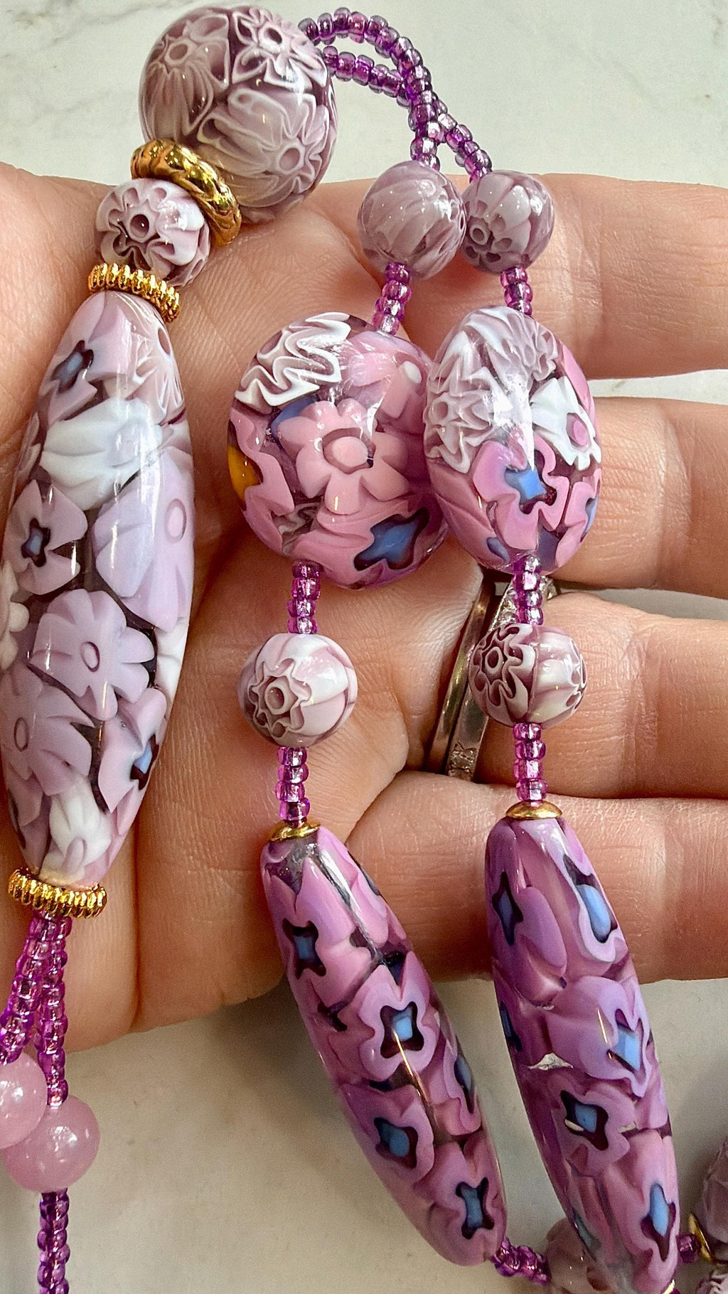 Rosario Leonardi Pastel Pink 40”Necklace: FEATURING Ercole Moretti Murano Millefiori Glass Beads