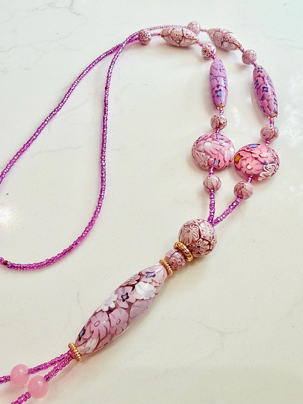 Rosario Leonardi Pastel Pink 40”Necklace: FEATURING Ercole Moretti Murano Millefiori Glass Beads