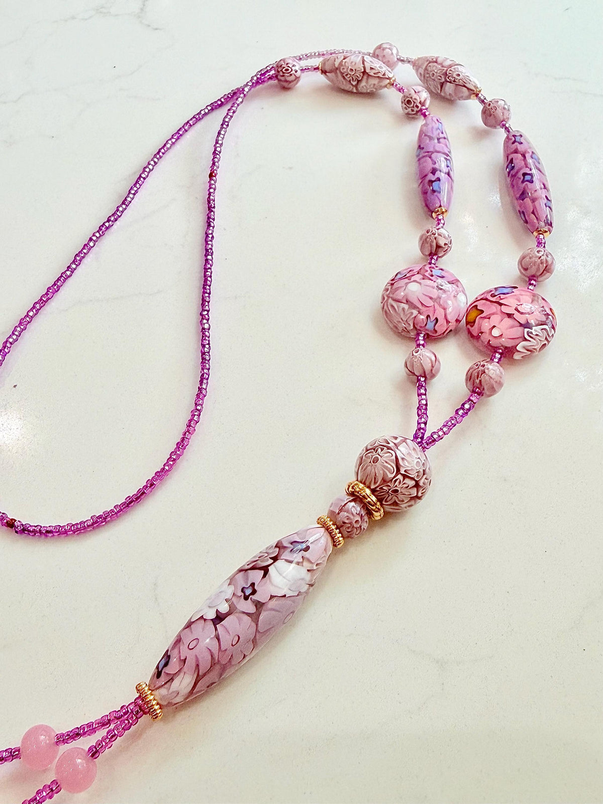 Rosario Leonardi Pastel Pink 40”Necklace: FEATURING Ercole Moretti Murano Millefiori Glass Beads