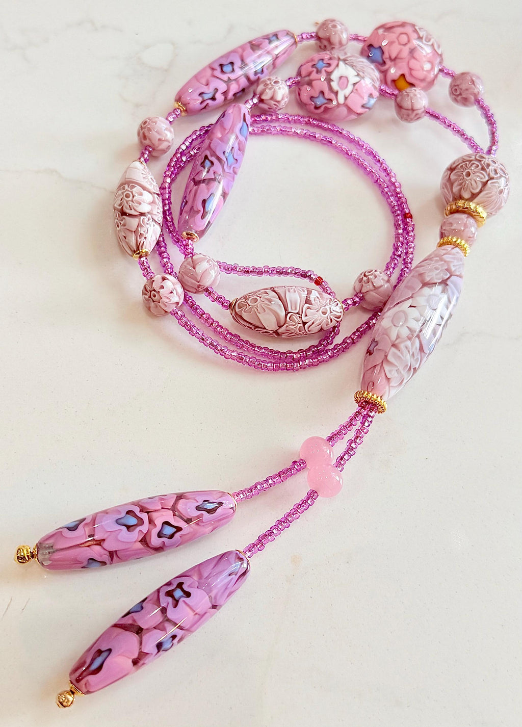 Rosario Leonardi Pastel Pink 40”Necklace: FEATURING Ercole Moretti Murano Millefiori Glass Beads