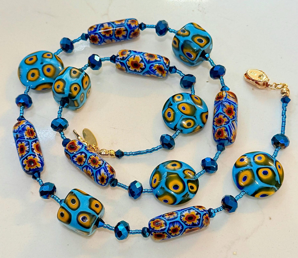 Rosario Leonardi Murano Millefiori Glass Necklace – Aqua Yellow Ercole Moretti Beads
