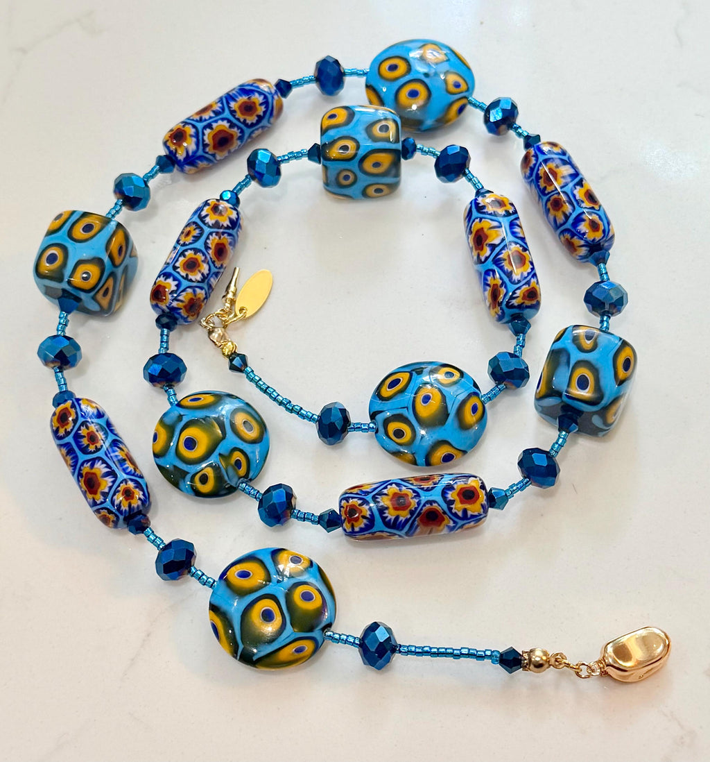 Rosario Leonardi Murano Millefiori Glass Necklace – Aqua Yellow Ercole Moretti Beads