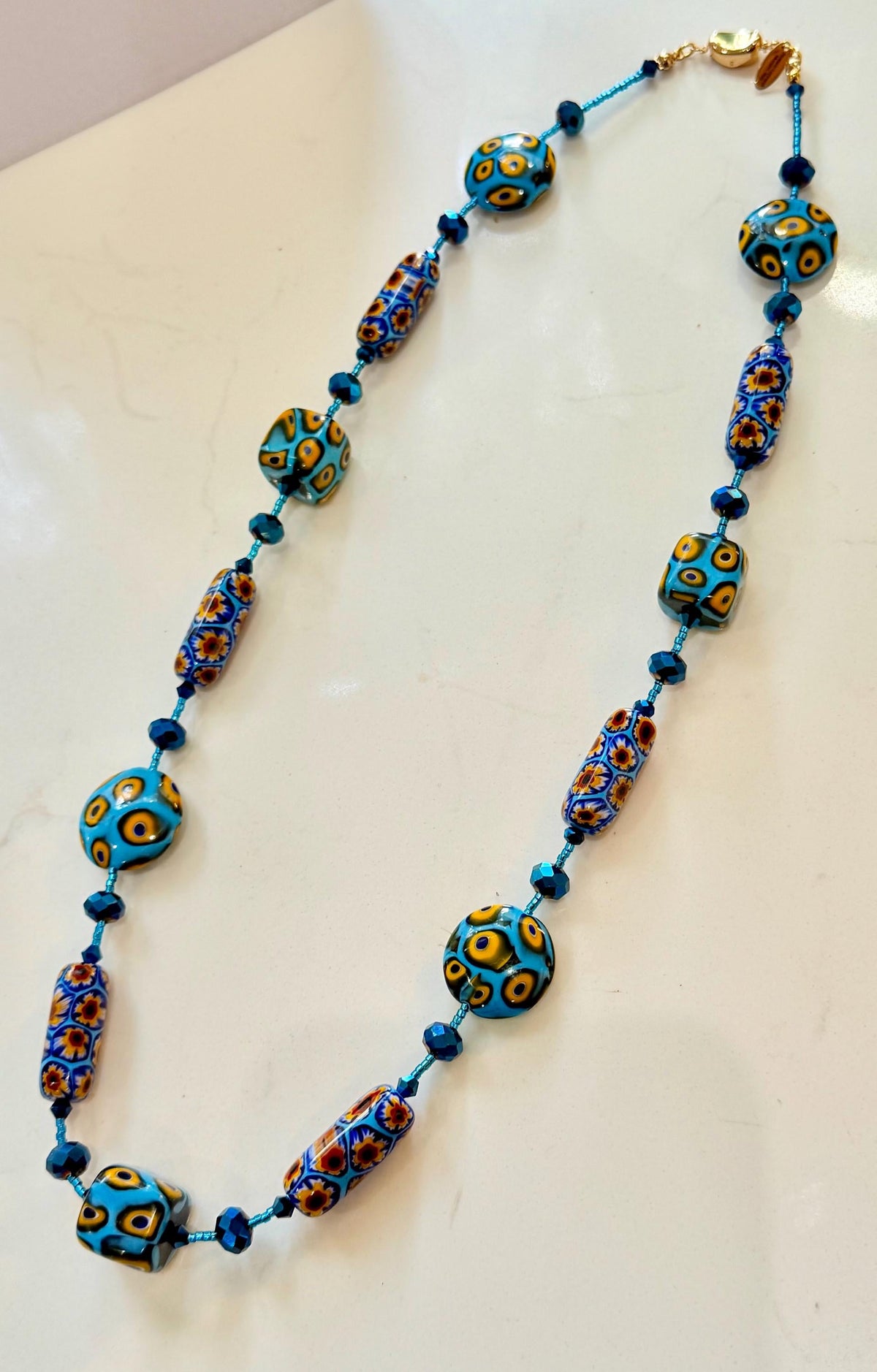 Rosario Leonardi Murano Millefiori Glass Necklace – Aqua Yellow Ercole Moretti Beads