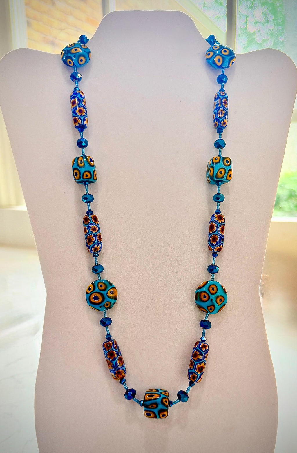 Rosario Leonardi Murano Millefiori Glass Necklace – Aqua Yellow Ercole Moretti Beads