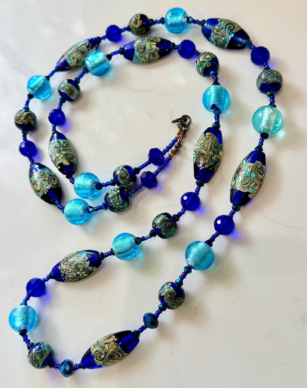 CLOSE OUT Rosario Leonardi Extra Long Cobalt And Aqua Blue Lampwork Glass Necklace