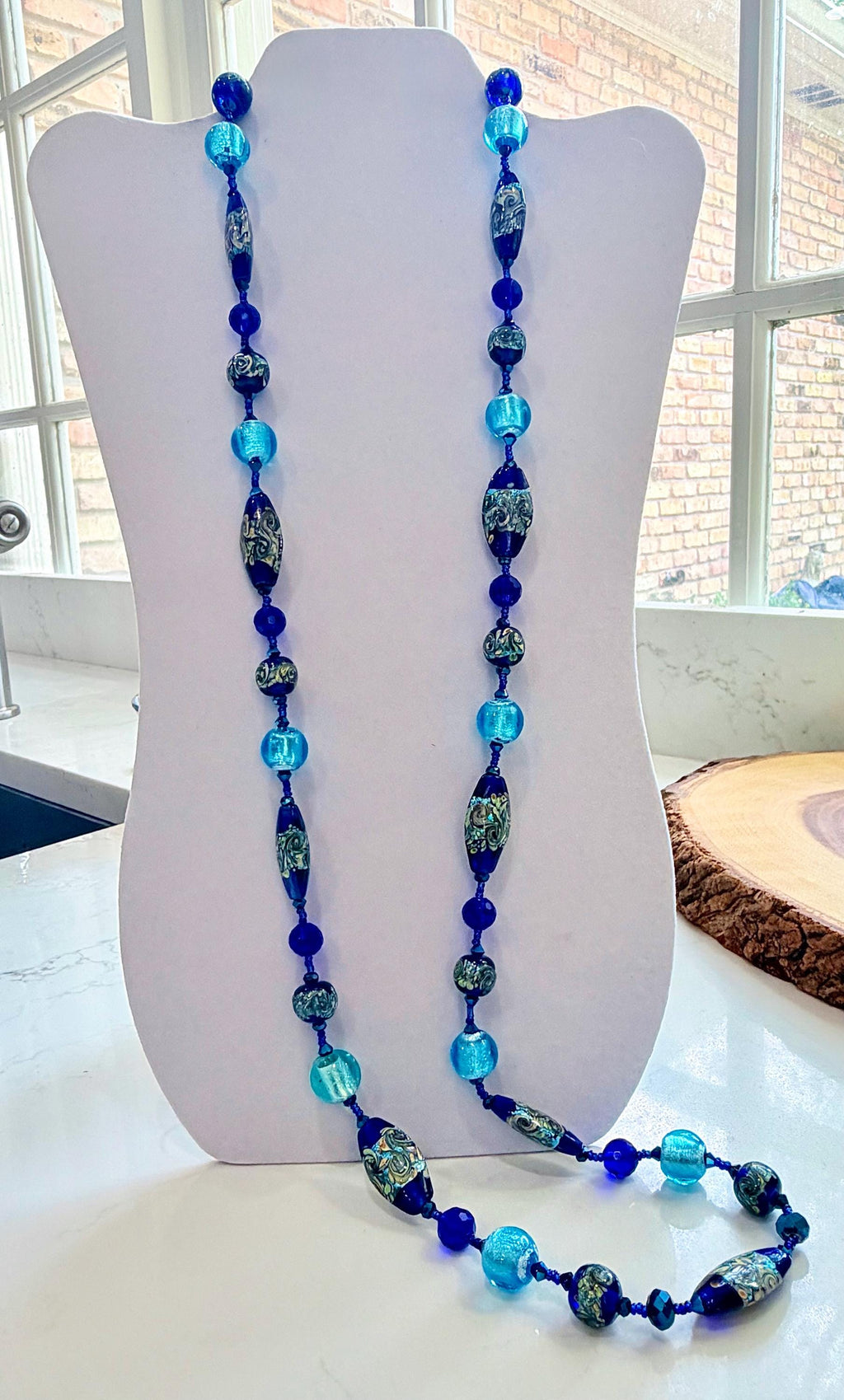 CLOSE OUT Rosario Leonardi Extra Long Cobalt And Aqua Blue Lampwork Glass Necklace