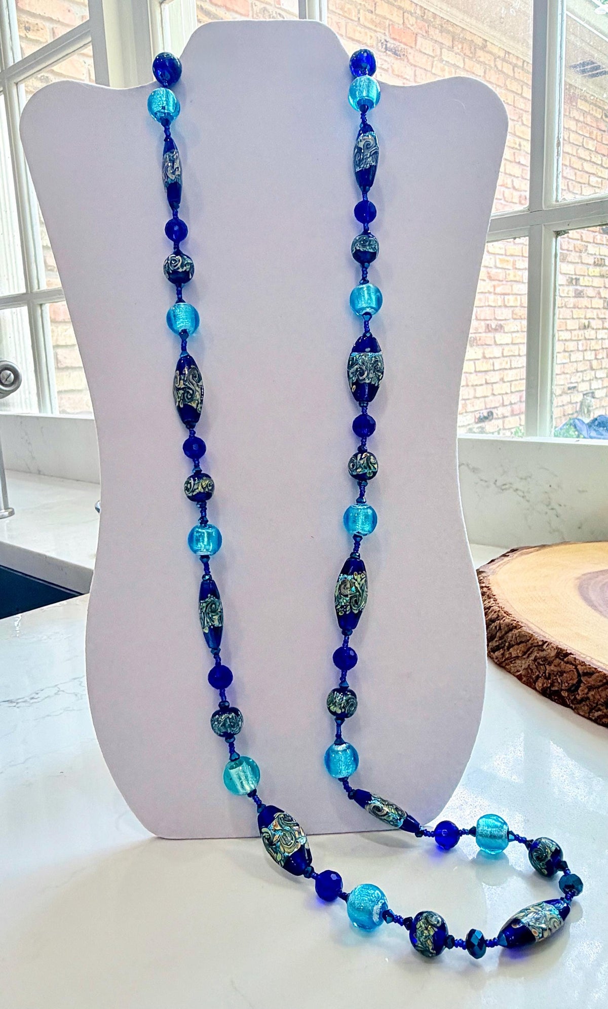CLOSE OUT Rosario Leonardi Extra Long Cobalt And Aqua Blue Lampwork Glass Necklace