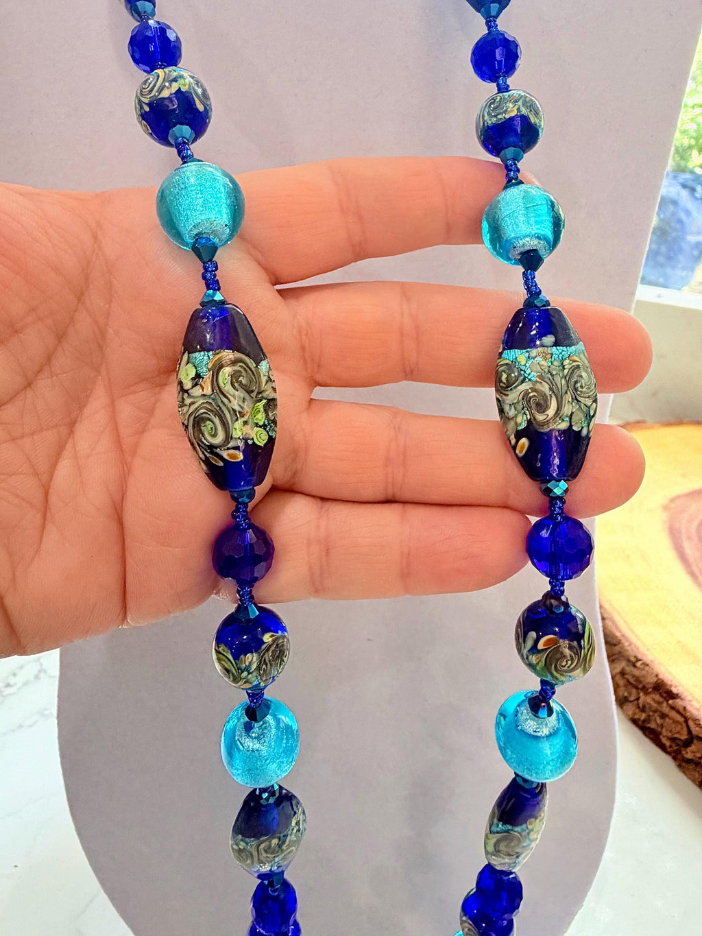 CLOSE OUT Rosario Leonardi Extra Long Cobalt And Aqua Blue Lampwork Glass Necklace