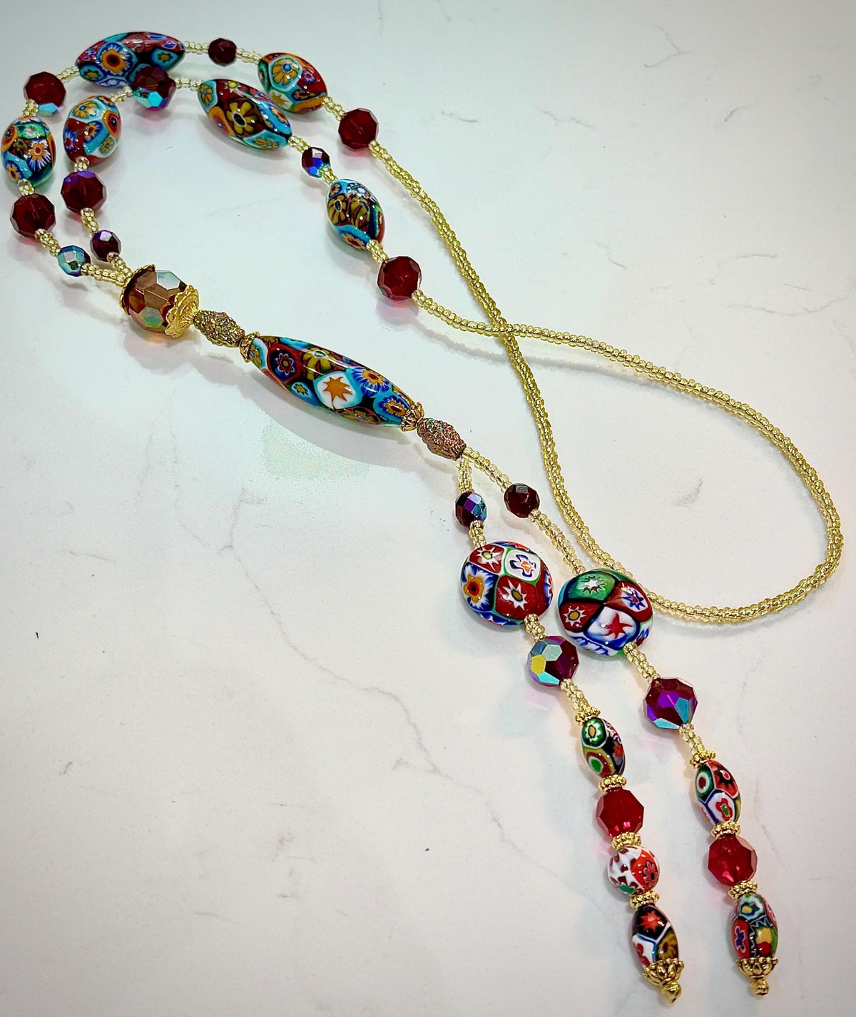 Rosario Leonardi Lariat Necklace, Ercole Moretti Murano Millefiori Glass Beads, Vintage Swarovski Crystals 42”