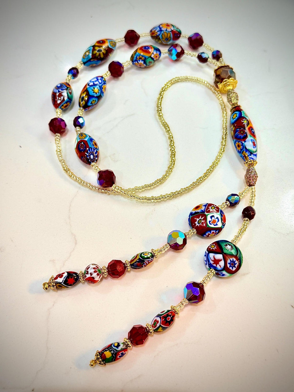 Rosario Leonardi Lariat Necklace, Ercole Moretti Murano Millefiori Glass Beads, Vintage Swarovski Crystals 42”