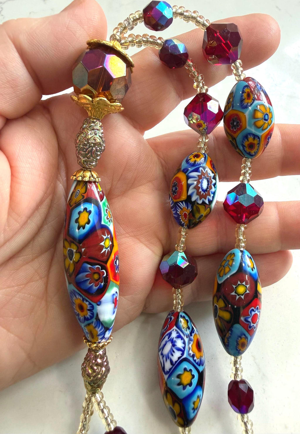 Rosario Leonardi Lariat Necklace, Ercole Moretti Murano Millefiori Glass Beads, Vintage Swarovski Crystals 42”
