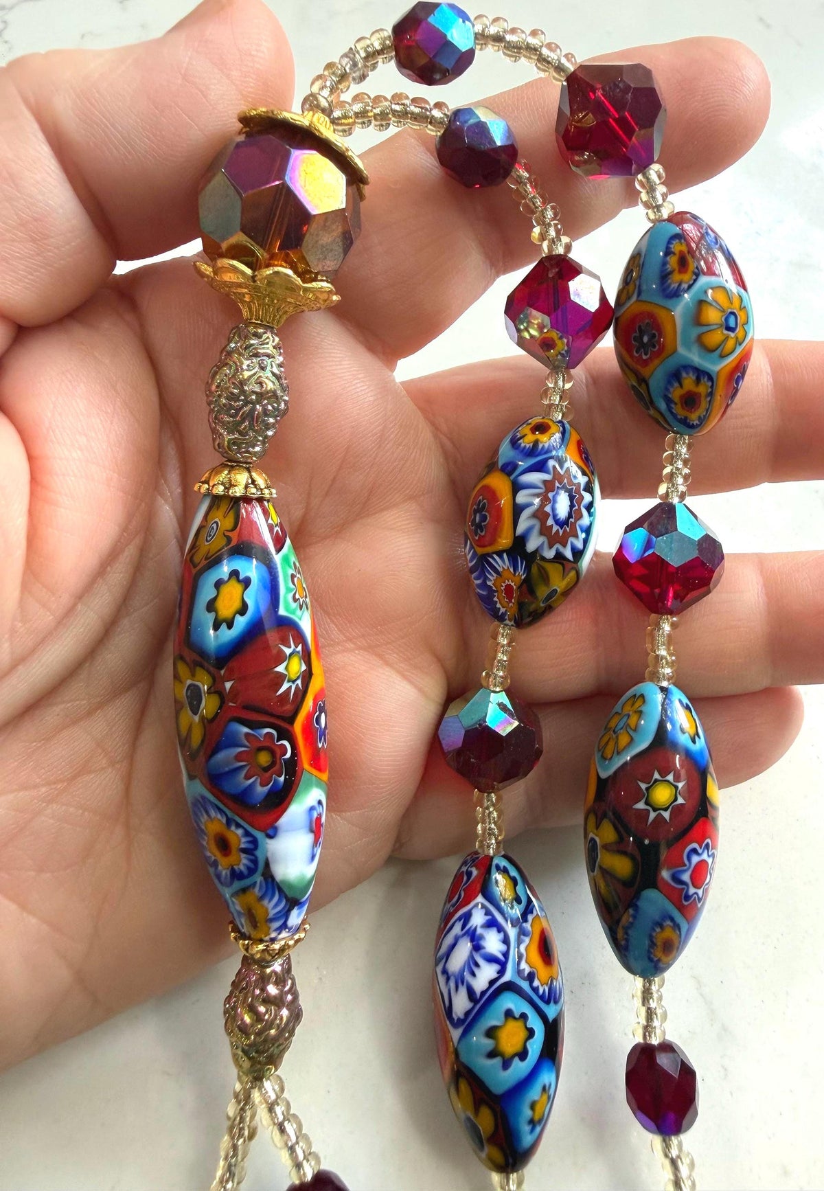 Rosario Leonardi Lariat Necklace, Ercole Moretti Murano Millefiori Glass Beads, Vintage Swarovski Crystals 42”
