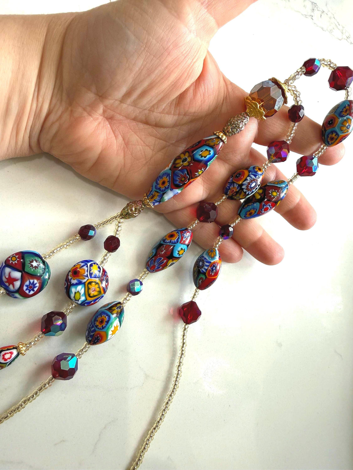 Rosario Leonardi Lariat Necklace, Ercole Moretti Murano Millefiori Glass Beads, Vintage Swarovski Crystals 42”