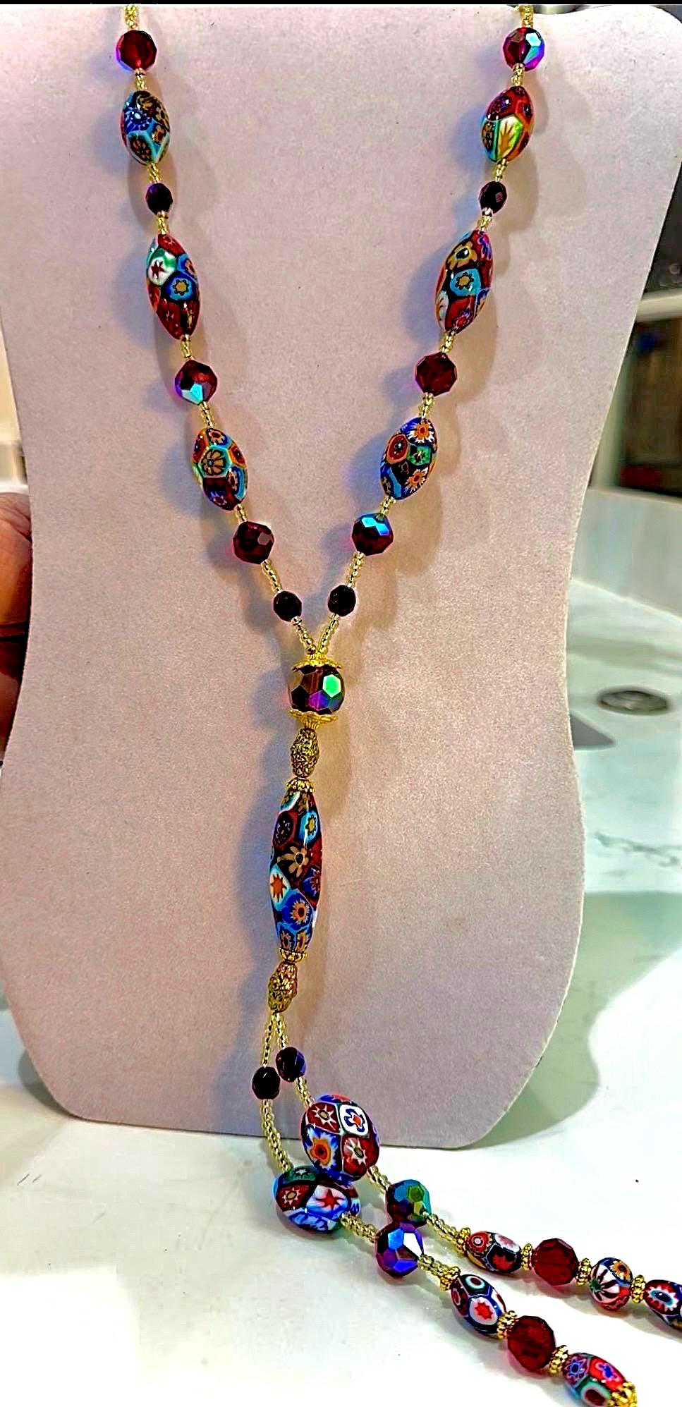 Rosario Leonardi Lariat Necklace, Ercole Moretti Murano Millefiori Glass Beads, Vintage Swarovski Crystals 42”